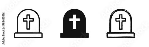 Cemetery Tombstone with Cross Icon Set for Memorial and Funeral Themes