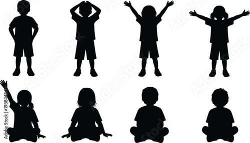 Collection of children silhouettes in standing and sitting poses, showcasing playful gestures, expressive body language, and minimalistic vector design