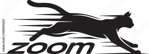 Black cat silhouette running with speed lines and zoom text
