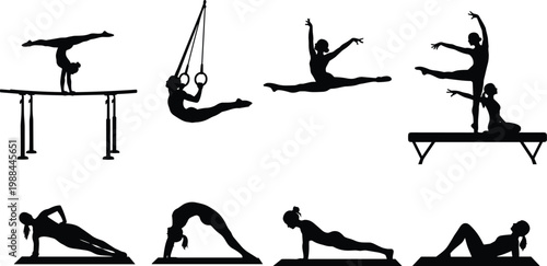 Collection of gymnastics and fitness silhouettes showing strength, balance, flexibility, yoga poses, and athletic exercises in minimalist black vector design