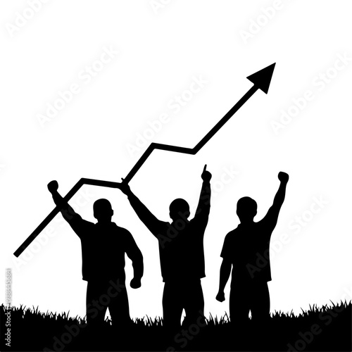 Three people in silhouette celebrating success with a rising graph arrow silhouette