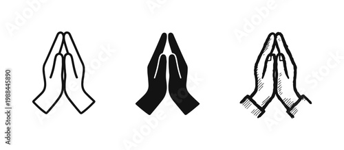 Praying Hands Icon Set, Hope Faith and Spirituality Symbols in Different Graphic Styles