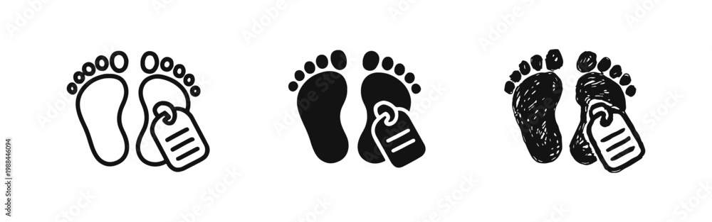 Fototapeta premium Infant Mortality Icon Set, Baby Feet with Morgue Toe Tag Identification Symbols