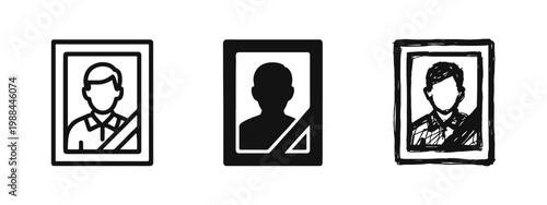 Memorial Portrait Icon Set, Deceased Person Photo with Mourning Black Ribbon Design