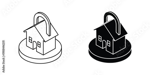 Locked house icons showcasing contrasting color schemes and security emphasis