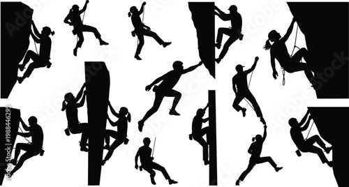 Collection of rock climbing silhouettes with men and women scaling cliffs using rope, extreme sport vector illustration isolated on white background