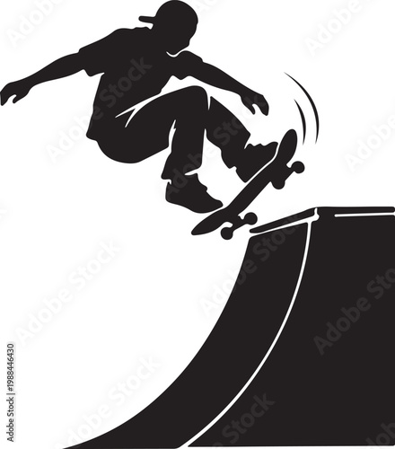 Clean black silhouette of skateboarder doing trick on ramp on pure white background.