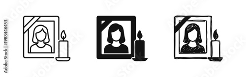 Woman Memorial Photo Icon Set, Funeral Picture with Candle and Mourning Ribbon Symbols