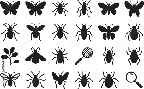 Collection of black insect and magnifying glass icons