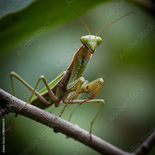 Praying Mantis on Branch - A Close-Up View.