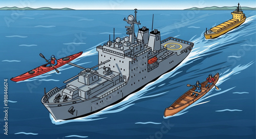 Large naval ship sailing in the ocean with smaller boats and kayak.