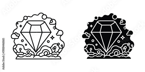 Contrasting gemstones emerging from clouds in minimalist black and white design