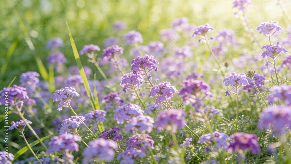 Fototapeta premium Beautiful purple flowers in a sunny green meadow landscape