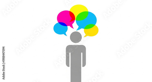 Person thinking with colorful speech bubbles above head.