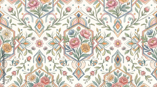 Pastel Floral Pattern with Geometric Accents and Botanical Motifs