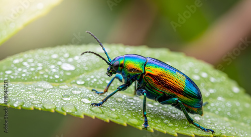 Macro Shot of Iridescent Jewel Beetle on Leaf with Dew Drops