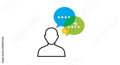 Person thinking with speech bubbles and question marks.