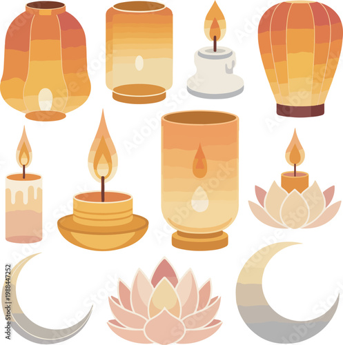 Collection of glowing lanterns candles lotus flowers and crescent moons