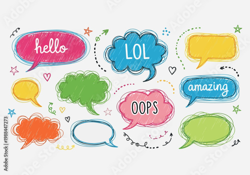 Colorful speech bubbles with hello, lol, amazing, and oops