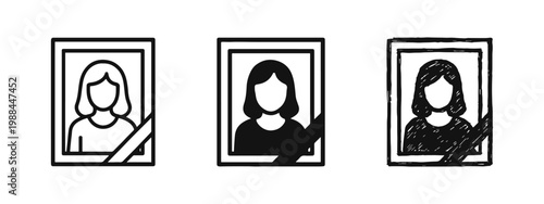 Funeral Portrait with Mourning Ribbon Icon Set - Outline, Solid, and Hand-Drawn Symbols for Memorial Services
