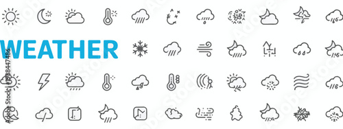 Weather icons and text on white background Keywords: weather, forecast, sun, moon, cloud, rain