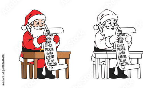 Santa Claus Sitting at Desk Checking Christmas List Illustration, Colored and Black and White Line Art Set for Coloring Book
