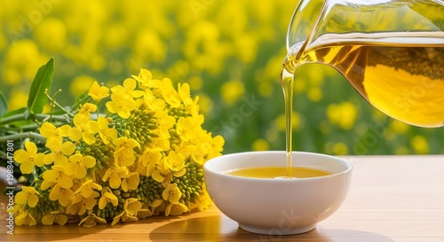 Pouring Rapeseed Oil into Bowl with Canola Flowers and Field Background