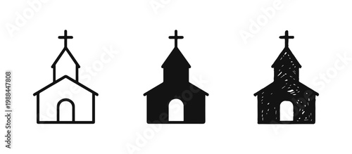 Church Building Icon Set with Cross - Outline, Solid, and Hand-Drawn Symbols for Religion and Worship