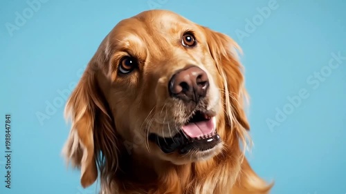 Golden retriever dog with happy expression on blue background  