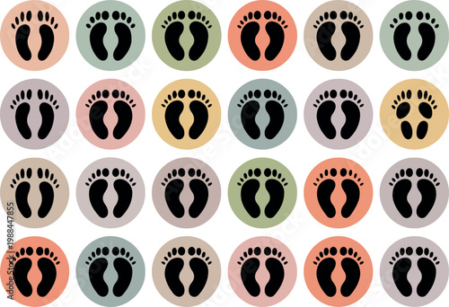 Collection of twenty four baby footprints in pastel circles
