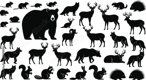Collection of woodland animal silhouettes including deer, bear, wolf, raccoon, squirrel, rabbit, beaver, and forest wildlife illustration design