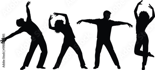 Dancing people silhouettes collection, energetic human poses vector set, abstract dancers illustration for party, fitness, music, and creative design projects