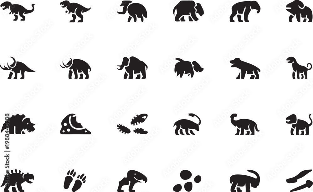 Fototapeta premium Collection of twenty four black prehistoric animal and object icons