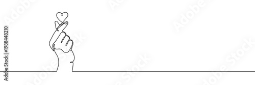 Continuous one line heart love hand korean finger icon care. Korean heart sign one line self valentine vector doodle symbol outline drawn art day drawing illustration print trend logo k gesture happy.