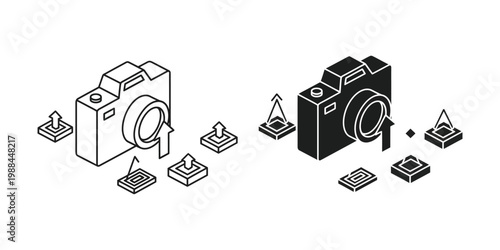 Isometric illustration of cameras and various app icons with upload symbols