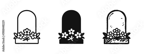 Gravestone with Flowers Icon Set - Outline, Solid, and Hand-Drawn Cemetery Symbols for Remembrance and Tribute
