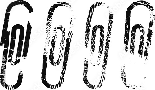 Grunge paperclip icons set distressed office supplies symbols in black isolated on white background