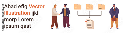 Business workflow, file organization, teamwork, digital collaboration, office communication, data management. Professionals exchanging ideas, connected files and documents. Business workflow and file