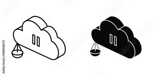 Balanced justice scales depicted within cloud icons representing digital or cloud-based fairness