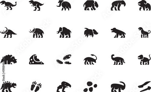 Collection of twenty four black prehistoric animal and object icons