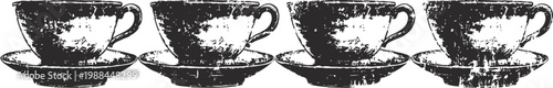 Four vintage coffee cups and saucers in black and white grunge illustration