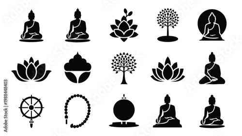 Black and white vector illustration of 15 buddha statues and spiritual icons including meditating buddhas lotus flowers trees and prayer beads