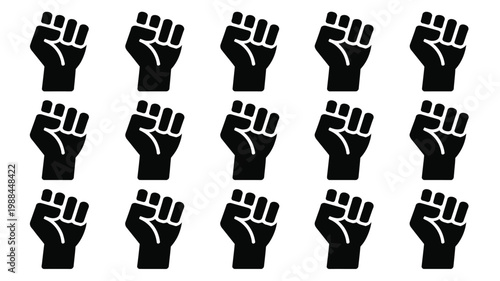 Set of 15 black silhouette raised fists isolated on white background symbolizing unity protest and empowerment