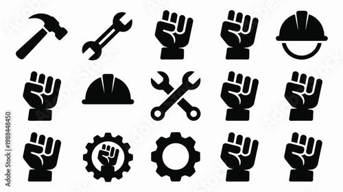 Black and white vector icons featuring construction tools gears fists and helmets on a clean minimalist background