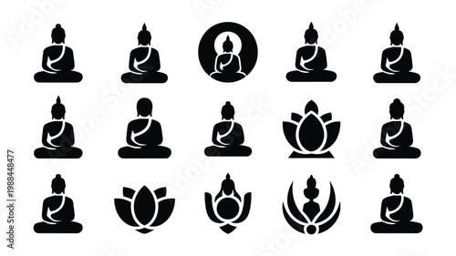 Minimalist black silhouette icons of buddha in meditative poses and lotus symbols for spirituality and mindfulness