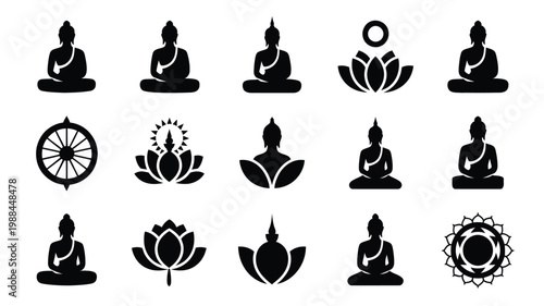 Collection of spiritual symbols including buddha statues in meditative poses lotus flowers mandalas and geometric patterns