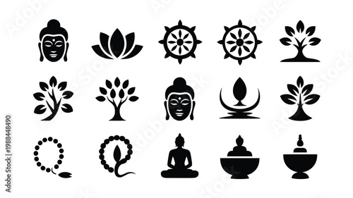 Collection of minimalist black icons symbolizing buddhism spirituality and meditation practices for mindfulness
