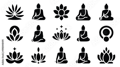 Geometric buddha and lotus silhouette icons for meditation and spirituality designs symbols for harmony peace and zen practices