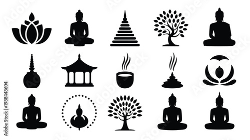 Set of 15 buddha purnima spiritual icons featuring meditating buddha statues lotus flowers sacred trees and traditional symbols in minimalist black silhouette style