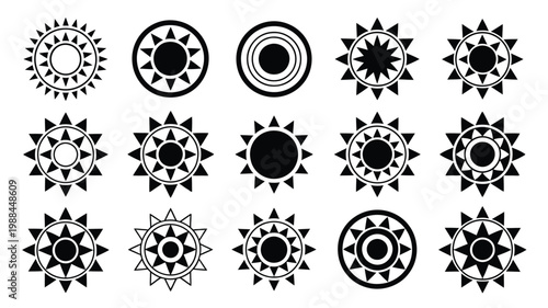 Collection of 15 black and white silhouette dharma wheel chakra designs with intricate patterns and geometric shapes
